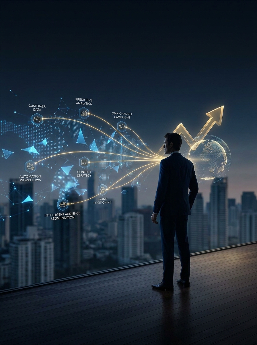 A marketing leader looking at a futuristic city skyline overlaid with AI-driven marketing concepts